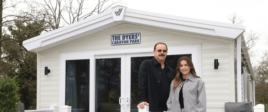 Stars Danny and Dani Dyer outside the Willerby Gainsborough holiday home used for media interviews and filming ahead of the launch of new Sky TV series The Dyers’ Caravan Park. Picture: Lia Toby/Sky.