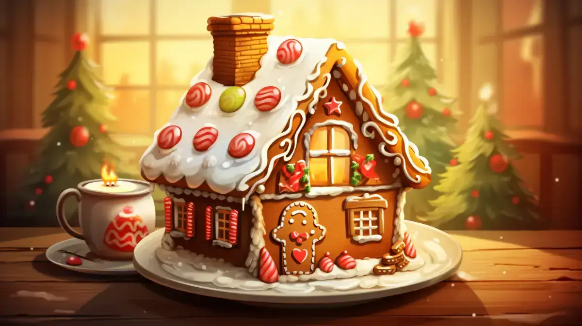 Gingerbread house on wooden kitchen table