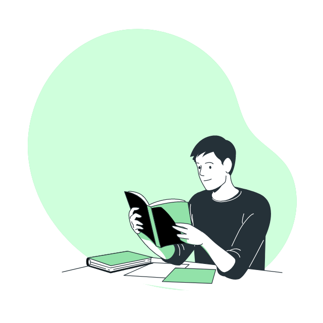 A boy reading book with animating science icons in the background.
