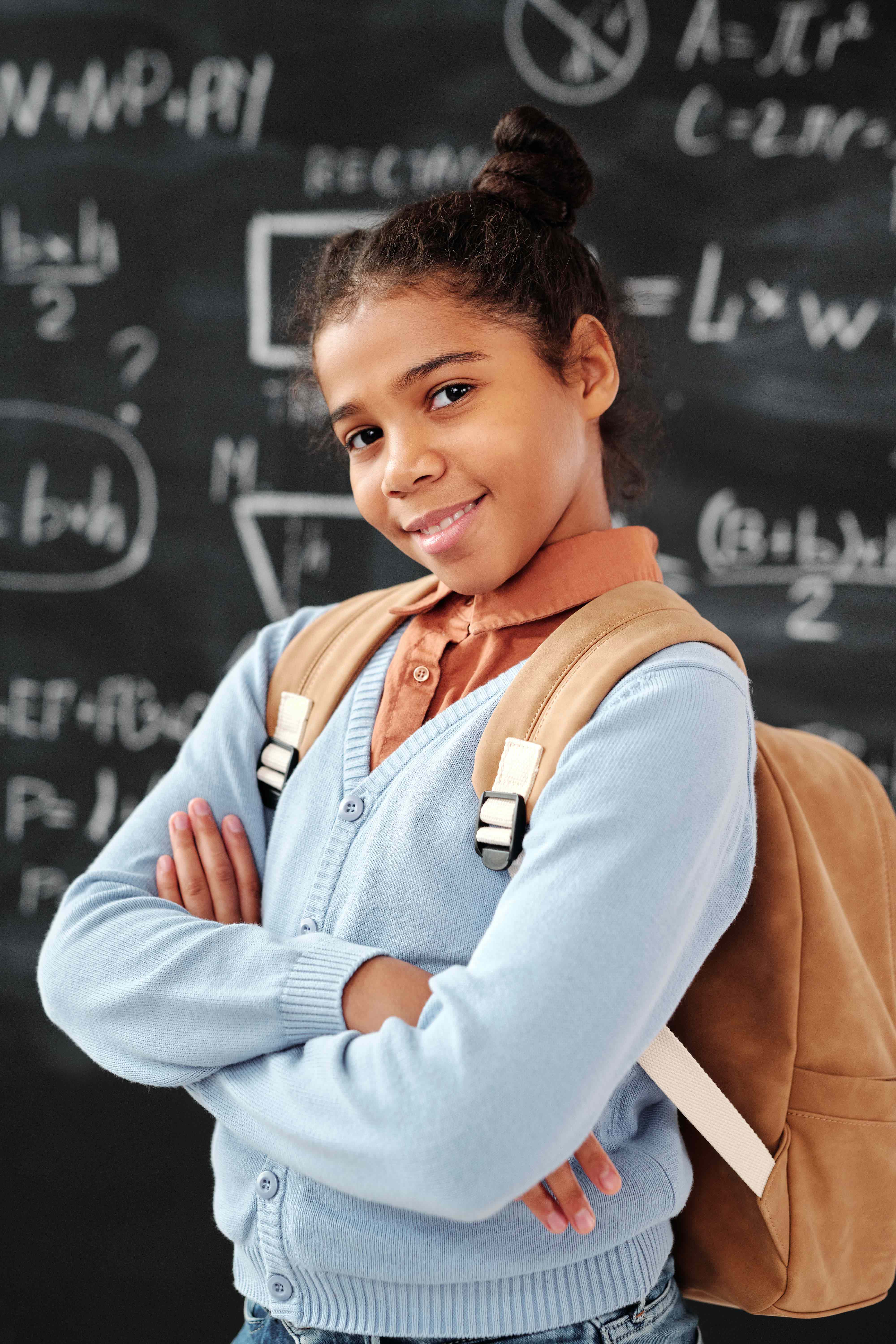 Girl in Blue Long Sleeve Shirt and Brown Leather Backpack; Photo by Max Fischer from Pexels