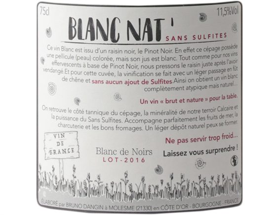 BRUNO DANGIN BLANC NATURE VIN DE FRANCE - ORIGINE BOURGOGNE BLANC 2016