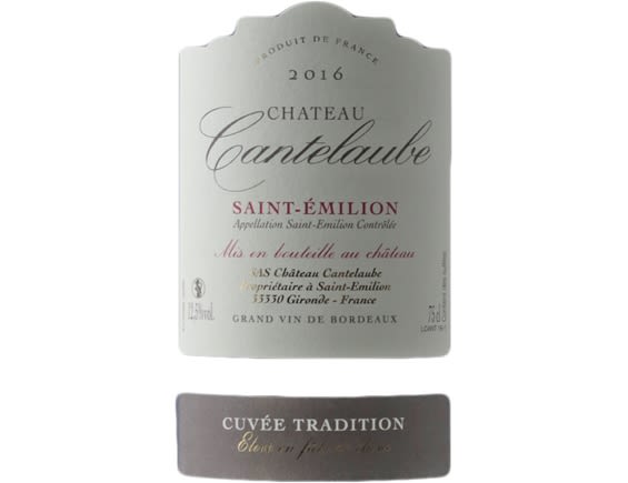 CHATEAU CANTELAUBE CUVEE TRADITION ELEVE EN FUTS DE CHENE SAINT-EMILION ROUGE 2016