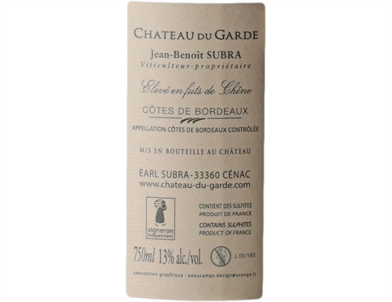 CHATEAU DU GARDE COTES DE BORDEAUX ROUGE 2017