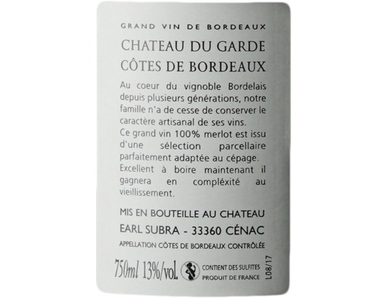 CHATEAU DU GARDE CUVEE ANTONIO COTES DE BORDEAUX ROUGE 2015