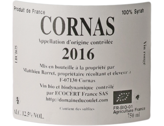 CORNAS BRISE CAILLOUX ROUGE 2016 - BIO - DOMAINE DU COULET