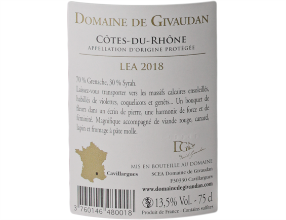 CÔTES DU RHÔNE CUVÉE LÉA ROUGE 2018 - DOMAINE DE GIVAUDAN