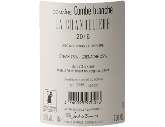 DOMAINE COMBE BLANCHE LA CHANDELIERE MINERVOIS-LA-LIVINIERE ROUGE 2016