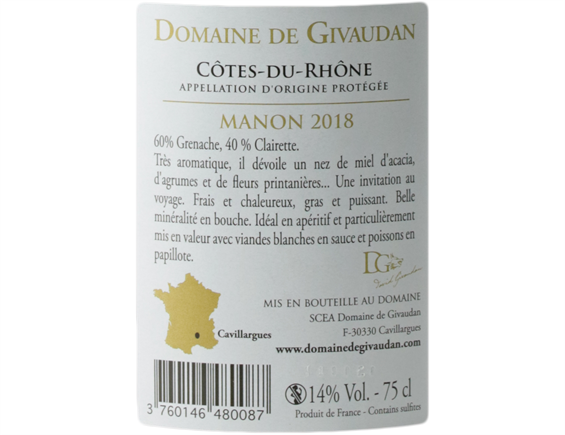 DOMAINE DE GIVAUDAN CUVEE MANON COTES DU RHONE BLANC 2018