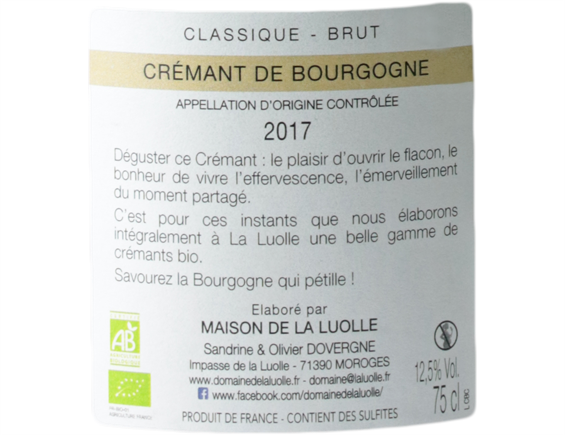 DOMAINE DE LA LUOLLE BRUT CREMANT DE BOURGOGNE BLANC 2017