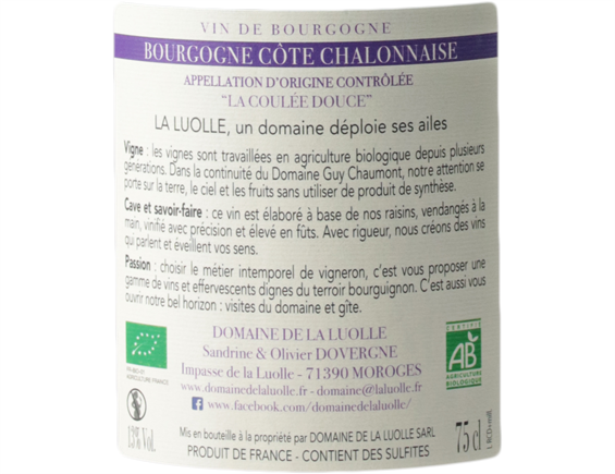 DOMAINE DE LA LUOLLE LA COULEE DOUCE BOURGOGNE COTE CHALONNAISE ROUGE 2018