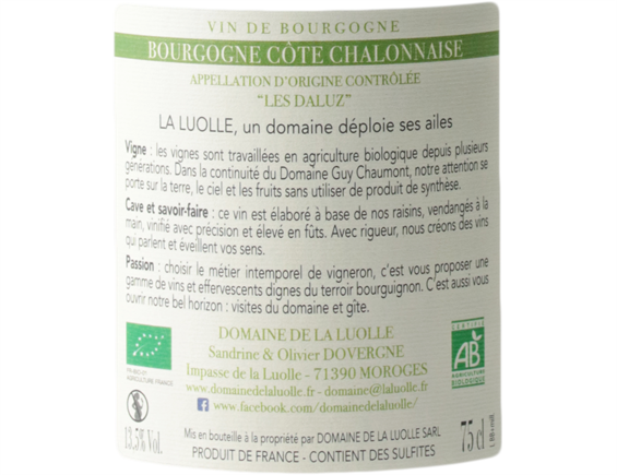 DOMAINE DE LA LUOLLE LES DALUZ BOURGOGNE COTE CHALONNAISE BLANC 2019