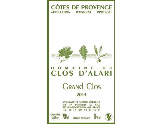 DOMAINE DU CLOS D'ALARI GRAND CLOS CÔTES DE PROVENCE ROUGE 2014