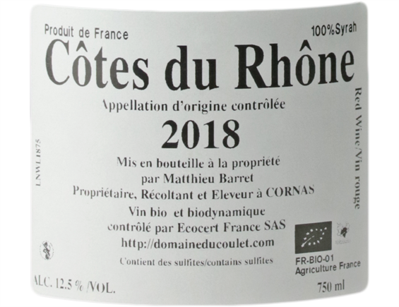 DOMAINE DU COULET NO WINE'S LAND COTES DU RHONE ROUGE 2018