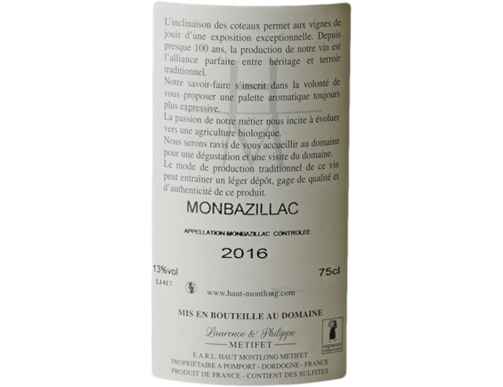 DOMAINE DU HAUT-MONTLONG MONBAZILLAC AUDREY BLANC 2016