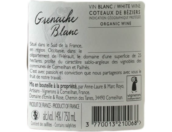 DOMAINE EMILE ET ROSE GRENACHE BLANC COTEAUX DE BEZIERS BLANC 2019