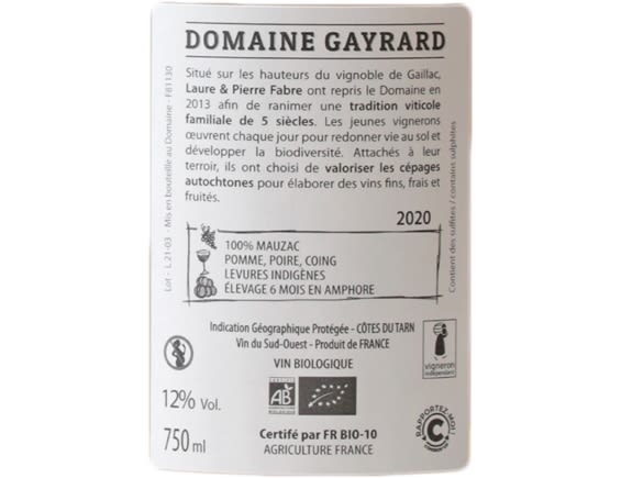 DOMAINE GAYRARD COTES DU TARN ORI BLANC 2020