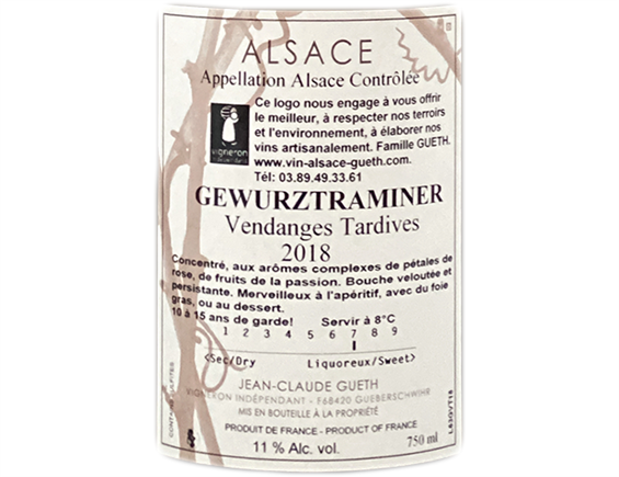 DOMAINE GUETH DOUCEUR GEWURZTRAMINER VENDANGES TARDIVES 2018