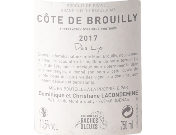 DOMAINE LES ROCHES BLEUES COTE DE BROUILLY DES LYS ROUGE 2017