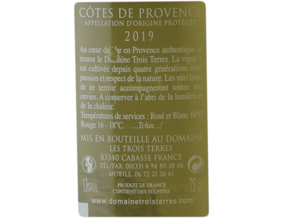 DOMAINE LES TROIS TERRES CUVEE TRADITION COTES DE PROVENCE BLANC 2019