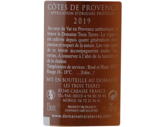 DOMAINE LES TROIS TERRES CUVEE TRADITION COTES DE PROVENCE ROSE 2019