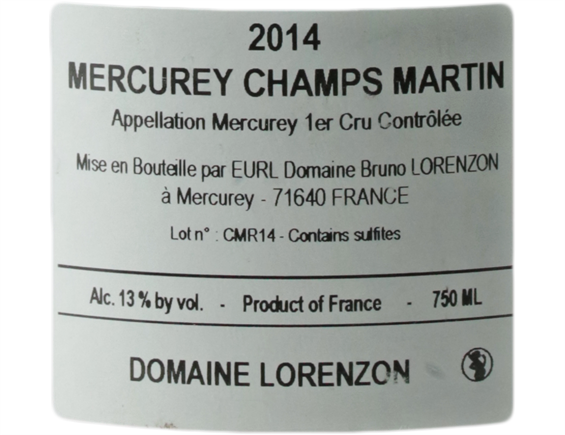 DOMAINE LORENZON MERCUREY 1ER CRU LES CHAMPS MARTIN ROUGE 2014