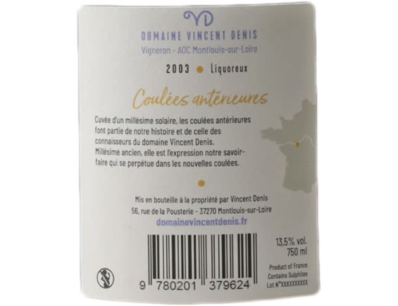 DOMAINE VINCENT DENIS MONTLOUIS-SUR-LOIRE COULEES ANTERIEURES BLANC LIQUOREUX BLANC 2003