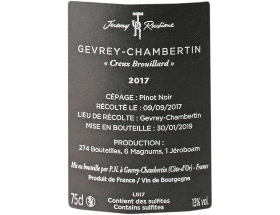 JEREMY RECCHIONE "CREUX BROUILLARD" GEVREY-CHAMBERTIN ROUGE 2017