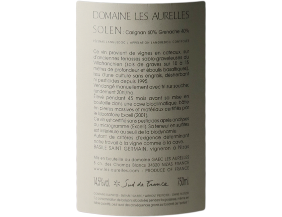 LANGUEDOC SOLEN ROUGE 2012 - DOMAINE LES AURELLES