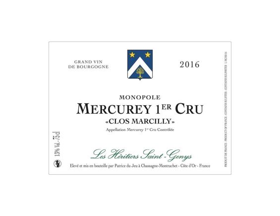 LES HÉRITIERS SAINT-GENYS MONOPOLE MERCUREY 1ER CRU CLOS MARCILLY BLANC 2016