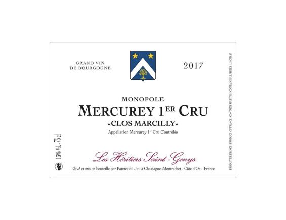 LES HÉRITIERS SAINT-GENYS MONOPOLE MERCUREY 1ER CRU CLOS MARCILLY ROUGE 2017