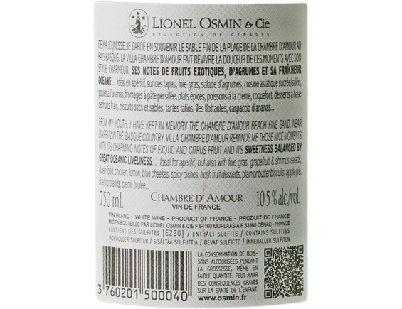 LIONEL OSMIN & CIE VILLA CHAMBRE D'AMOUR VIN DE FRANCE DOUX - ORIGINE SUD-OUEST BLANC 2019