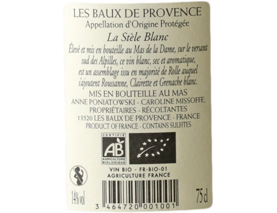 MAS DE LA DAME LA STELE LES BAUX DE PROVENCE BLANC 2019