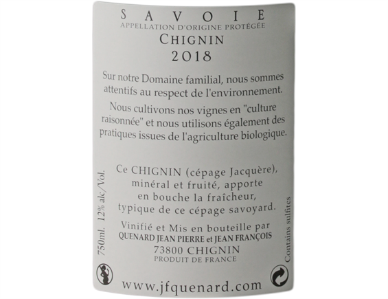 VIN DE SAVOIE CHIGNIN VERS LES ALPES BLANC 2018 - DOMAINE JEAN-FRANÇOIS QUÉNARD