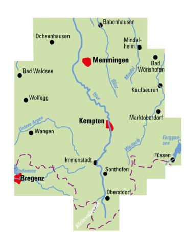 Radkarte, Fahrradkarte, Regionalkarte, ADFC, Allgäu, Memmingen, Ochsenhauen, Mindelheim Bad Wörishofen, Bad Waldsee, Wolfegg, Kempten, Kaufbeuren, Marktoberdorf, Wangen, Immenstadt, Bregenz, Bodensee, Sonthofen, Füssen, Forggensee, Oberstdorf