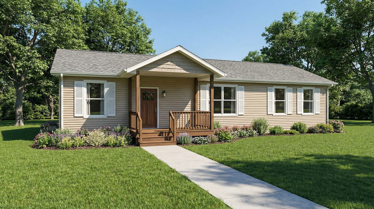 Beige cottage-style modular home by Wisconsin Homes in Marshfield, WI with white shutters, gable porch, and landscaped front yard.