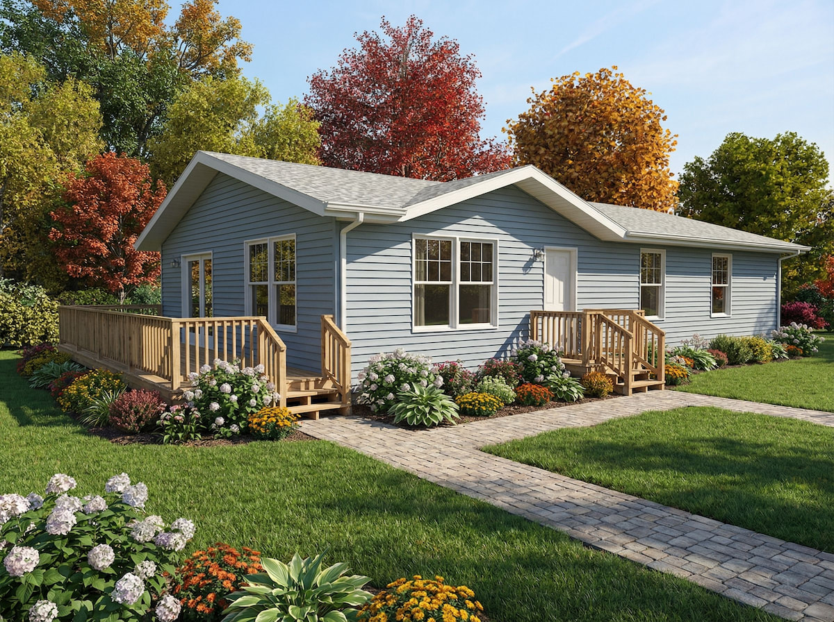 Blue cottage-style modular home by Wisconsin Homes in Marshfield, WI with flower beds and dual wooden porches.