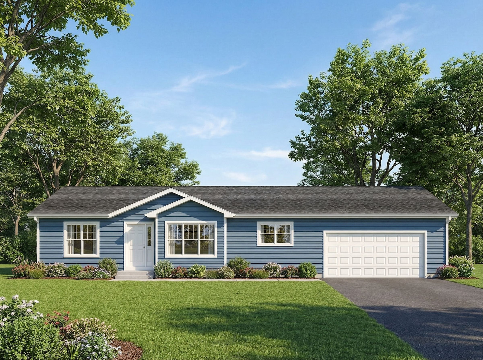 Blue modular ranch home with white trim, two-car garage, and front landscaping by Wisconsin Homes in Marshfield, WI.