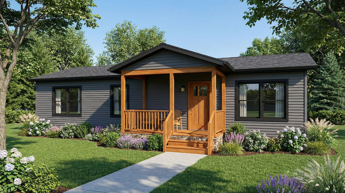 Charcoal gray cottage-style modular home by Wisconsin Homes in Marshfield, WI featuring a warm wood front porch and landscaped walkway.