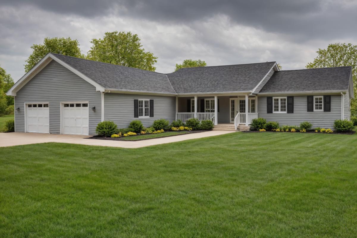 Gray cottage-style home with white trim, black shutters, a covered front porch, and attached two-car garage.