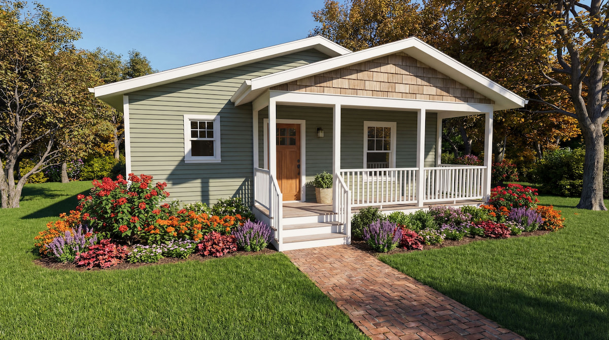 Green cottage-style modular home by Wisconsin Homes featuring a welcoming covered porch with white railings, a wood front door, and a vibrant, colorful flower garden with a brick walkway leading to the entrance.