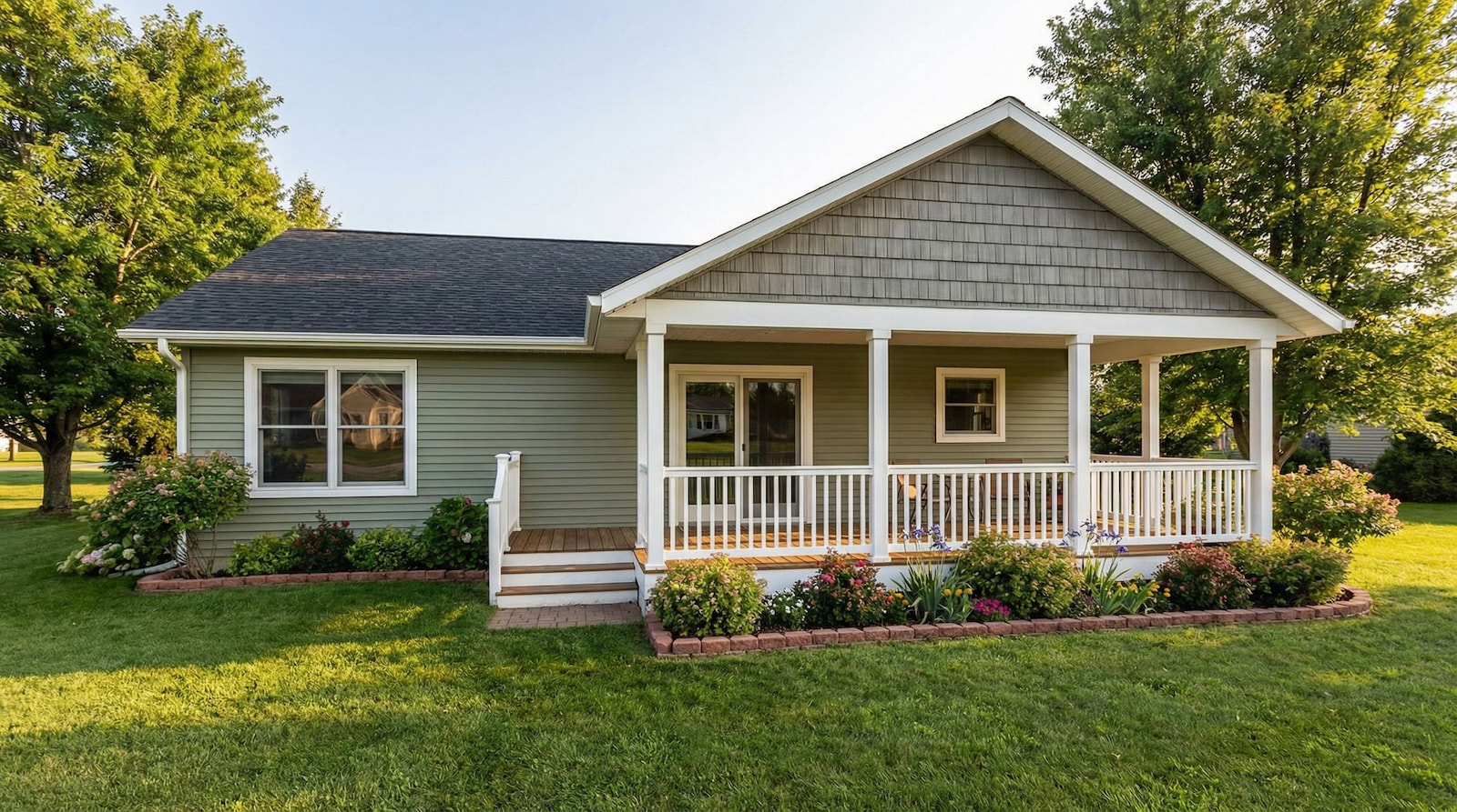 Green modular home with wide front porch, white railings, and flower garden by Wisconsin Homes in Marshfield, WI.