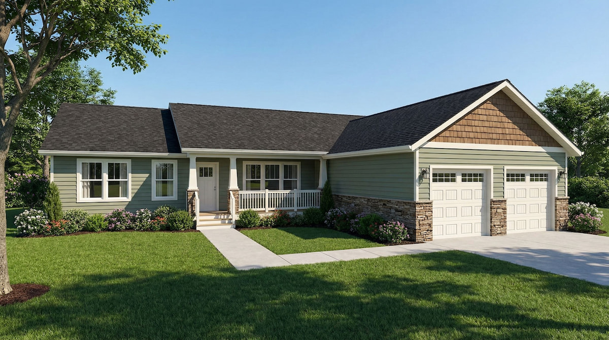 Green ranch-style modular home by Wisconsin Homes with stone siding, white trim, and covered front porch in Marshfield, WI.