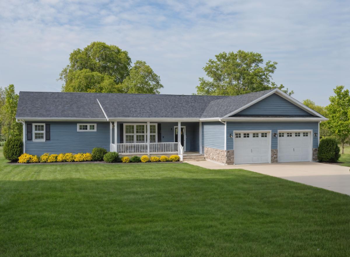 Light blue ranch-style house with a front porch, two-car garage, stone accents on the lower facade, and manicured lawn with yellow shrubs.