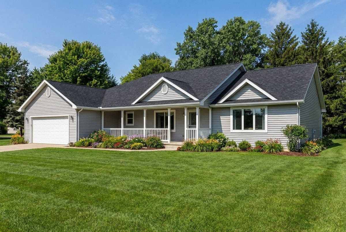 Light gray ranch-style modular home by Wisconsin Homes with white trim, covered front porch, and attached garage in Marshfield, WI.