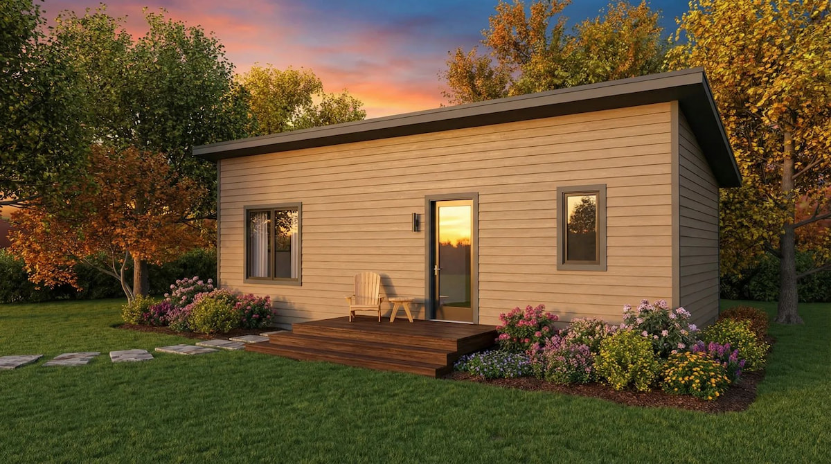 Minimalist cottage-style modular home by Wisconsin Homes in Marshfield, WI at sunset, featuring flat roof, compact design, and flower-lined deck.