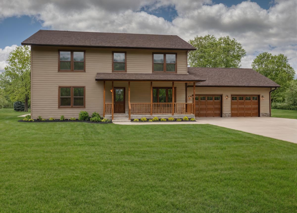 Modern two-story brown house with matching trim, a wide covered front porch, landscaped front yard, and a three-car garage with wooden-style doors.