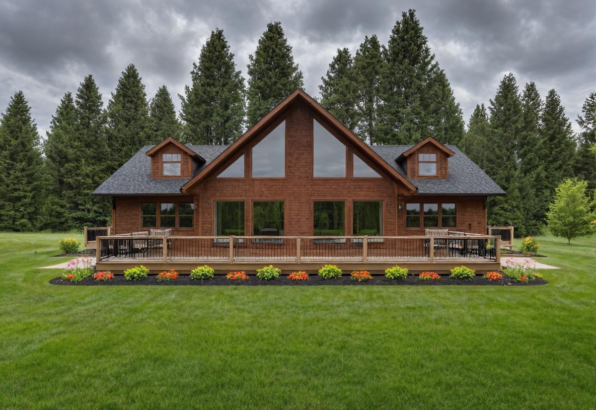 Contemporary chalet-style home with a steep gable roof, expansive triangular windows, a full-length wraparound deck, and landscaped flower beds on a lush green lawn.
