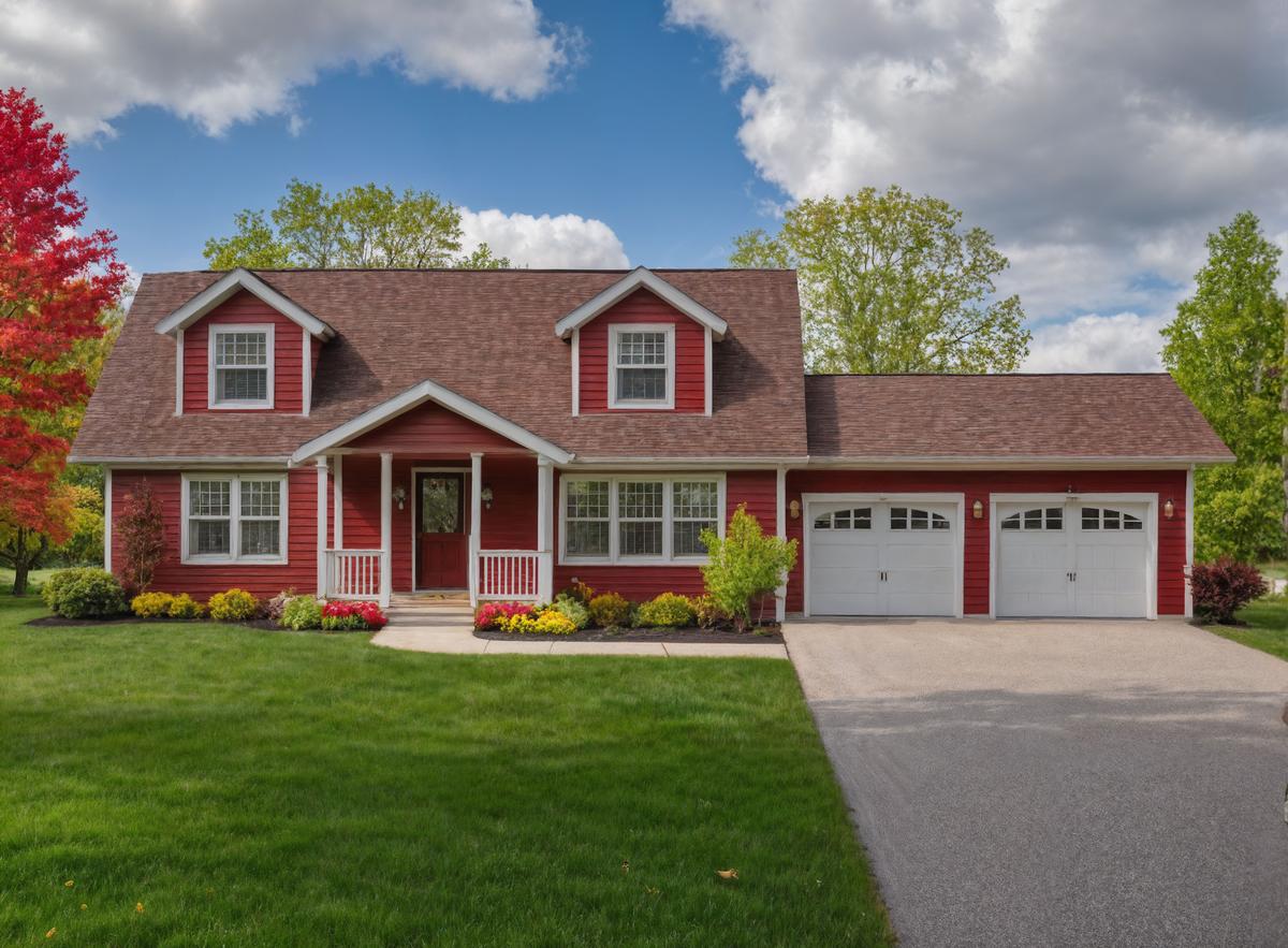 Red cottage-style house with two front dormers, a covered front porch, white trim, landscaped flower beds, and an attached two-car garage.