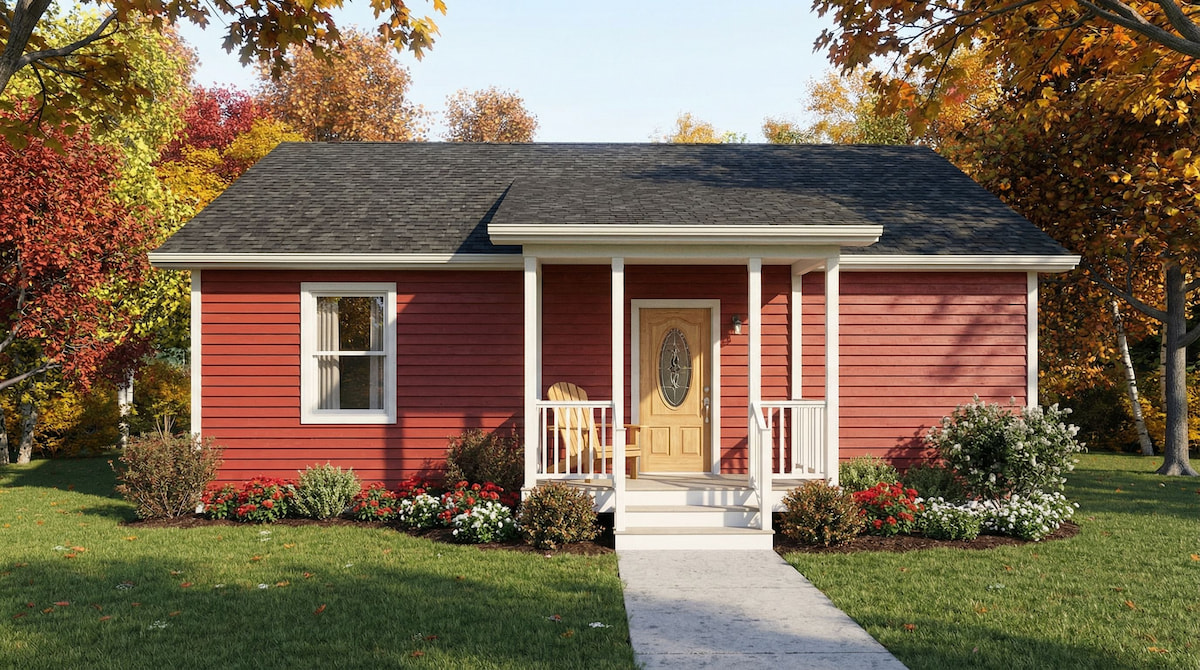 Red cottage-style modular home by Wisconsin Homes in Marshfield, WI featuring white trim, a covered front porch with decorative columns, wood front door with oval glass, and vibrant landscaping in an autumn setting.