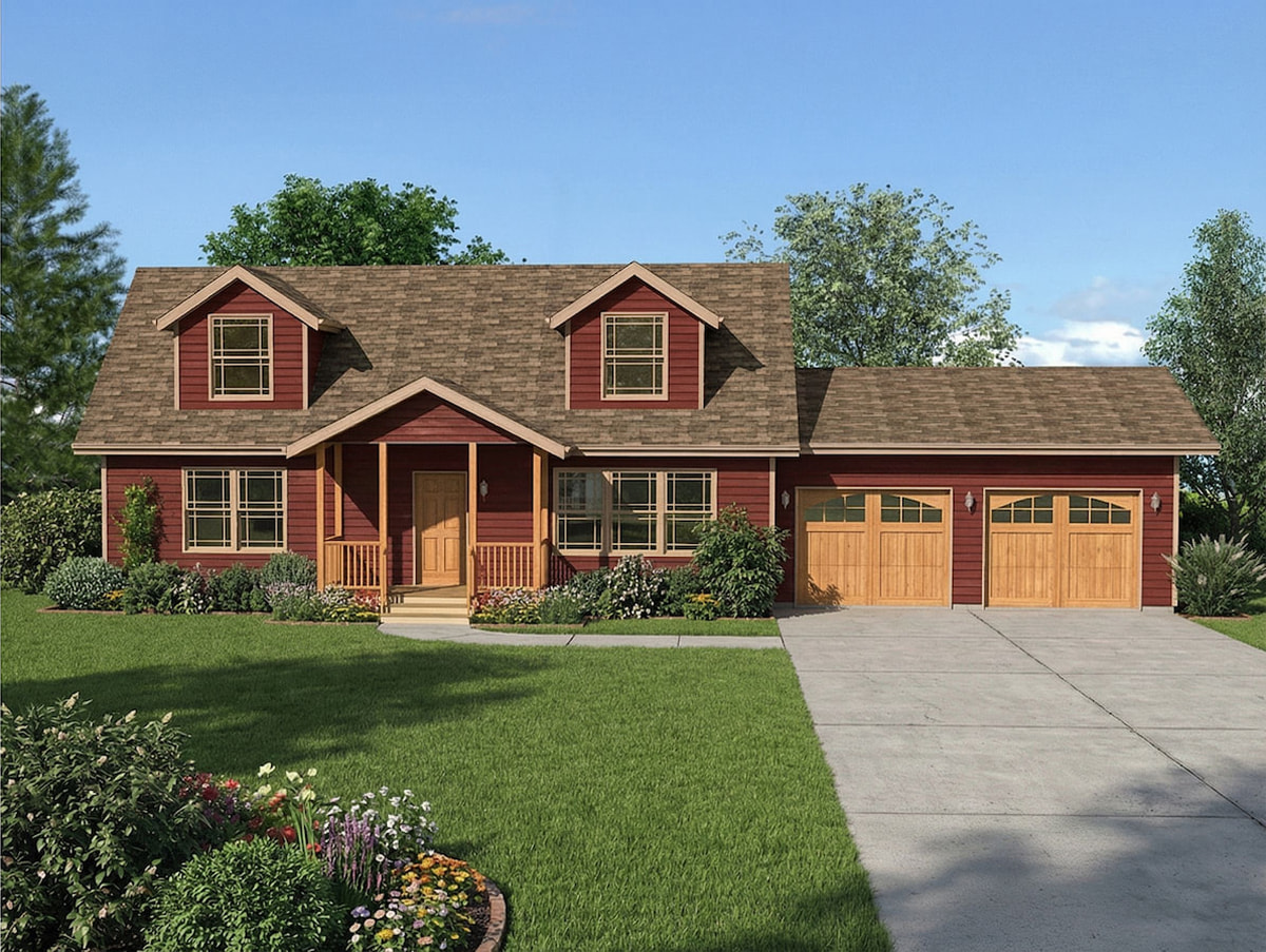 Red Cape Cod modular home by Wisconsin Homes in Marshfield, WI with wood accents and double garage.